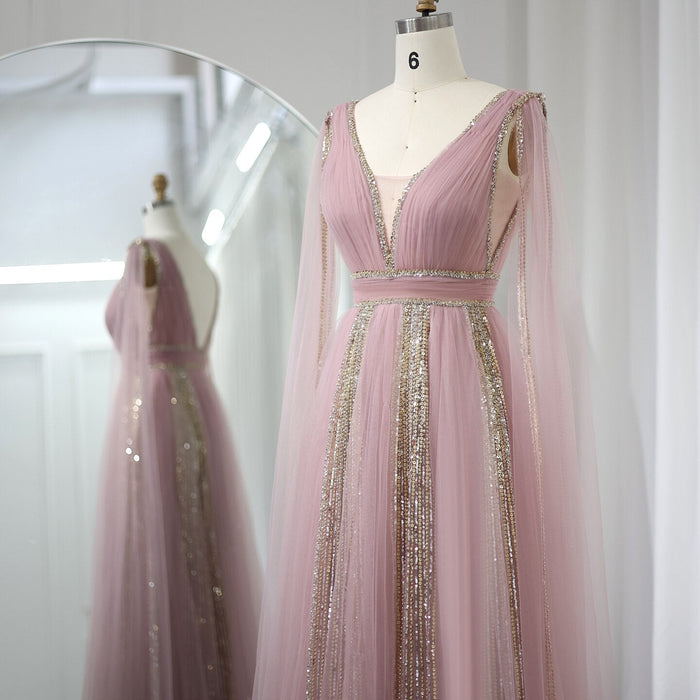 Pink Evening Dress with Cape Sleeves Elegant Sage Green Wedding Party Gowns SS010