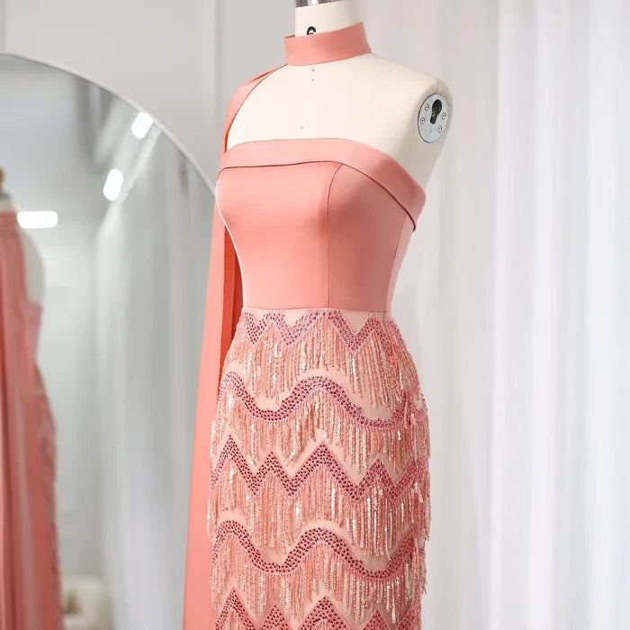 Pink Tassel Evening Dress Strapless Women Wedding Party Gowns SS143