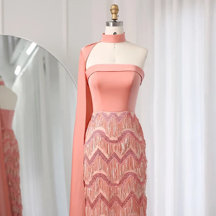 Pink Tassel Evening Dress Strapless Women Wedding Party Gowns SS143