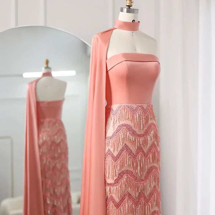 Pink Tassel Evening Dress Strapless Women Wedding Party Gowns SS143