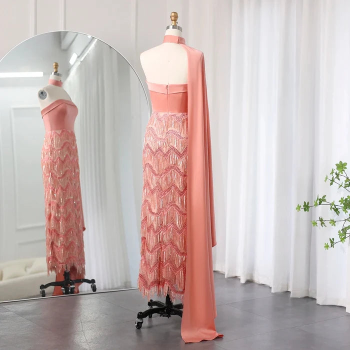Pink Tassel Evening Dress Strapless Women Wedding Party Gowns SS143