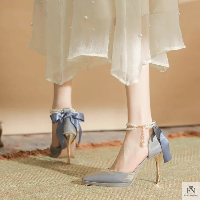 Pointed Pearl Anklet Platform Bow Heels - Fashionnsio