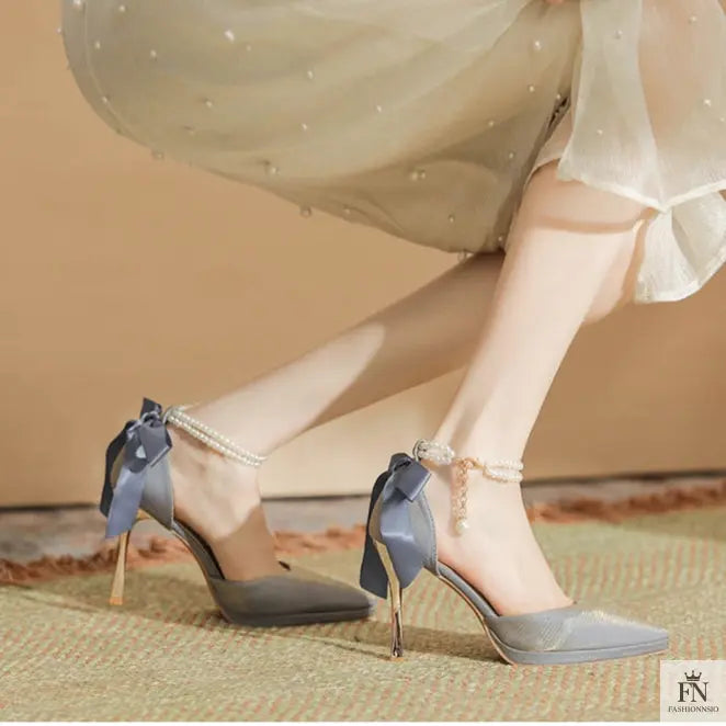 Pointed Pearl Anklet Platform Bow Heels - Fashionnsio