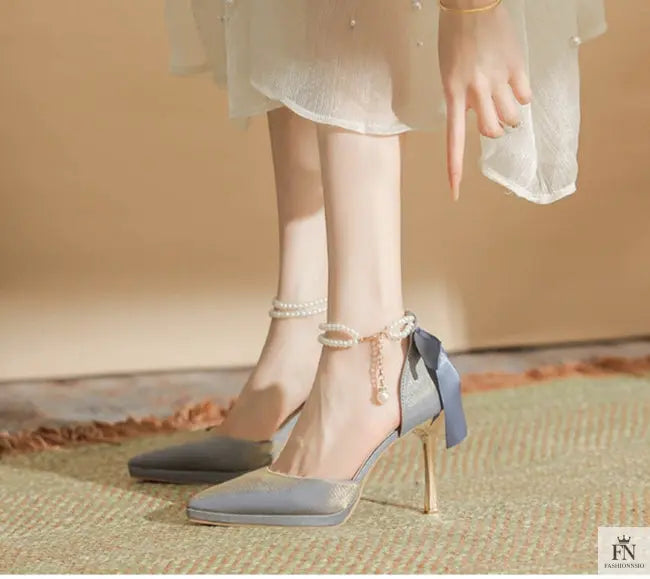 Pointed Pearl Anklet Platform Bow Heels - Fashionnsio
