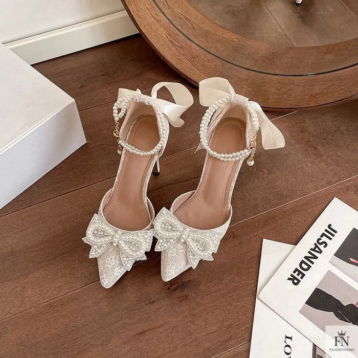 Pointed Pearl Embellish Bow Heels - Fashionnsio