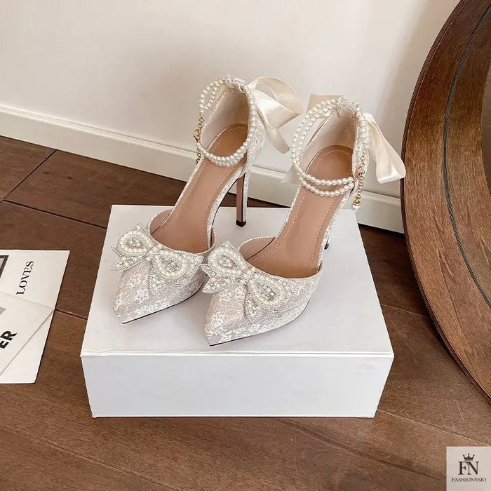 Pointed Pearl Embellish Bow Heels - Fashionnsio
