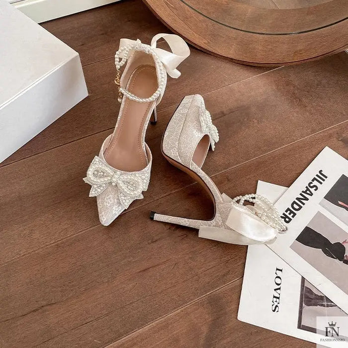 Pointed Pearl Embellish Bow Heels - Fashionnsio