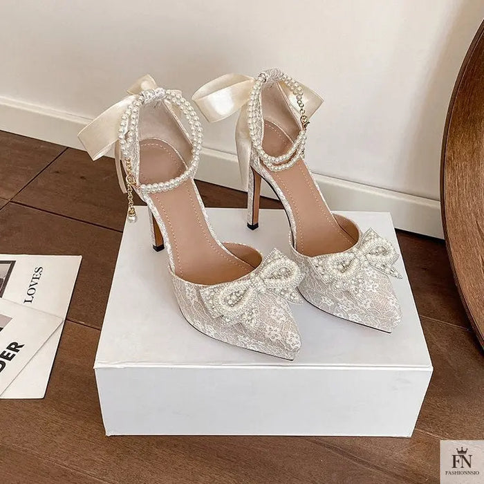 Pointed Pearl Embellish Bow Heels - Fashionnsio