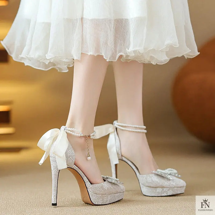 Pointed Pearl Embellish Bow Heels - Fashionnsio