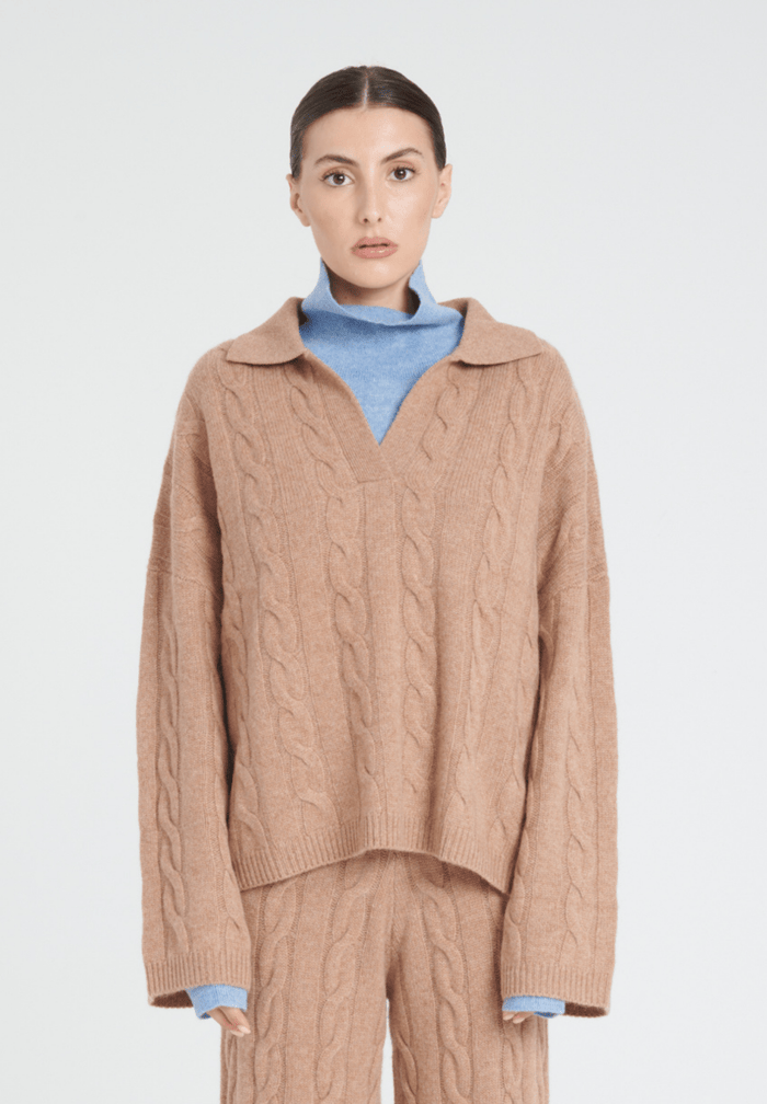 ZAYA 5 Polo à maille torsadée en cachemire 6 fils camel