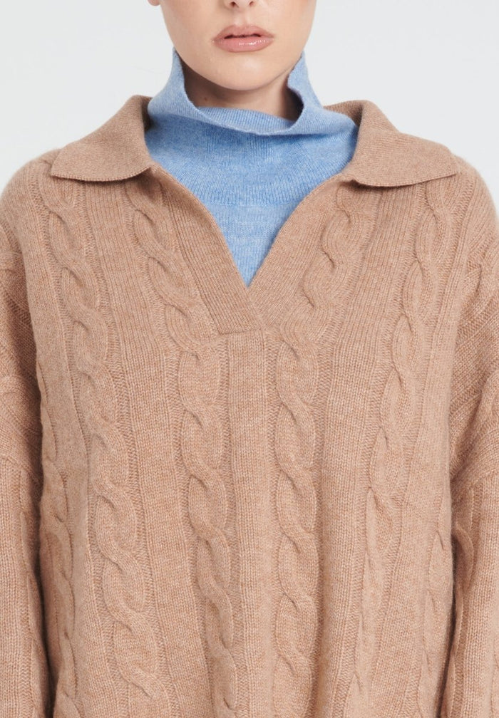 ZAYA 5 Polo à maille torsadée en cachemire 6 fils camel