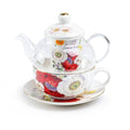 Tea set with floral design on a white background
