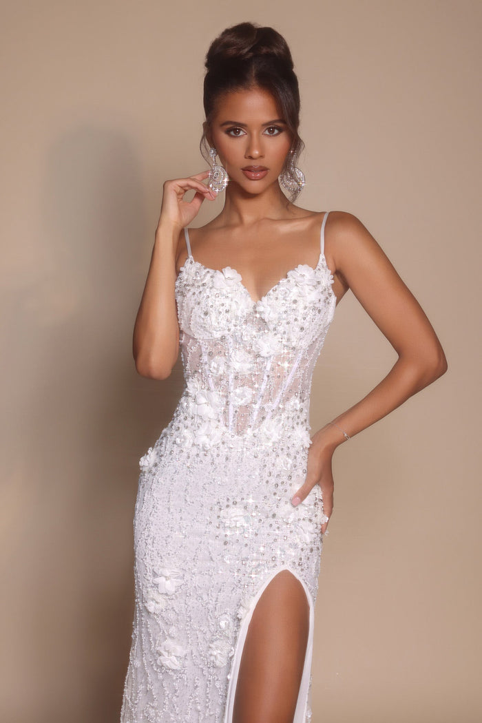 Ivory floral embellished gown PS25294 with high slit