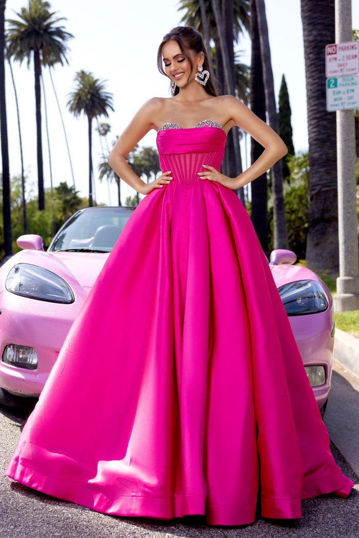 Hot pink formal gown PS25306 with pink car.