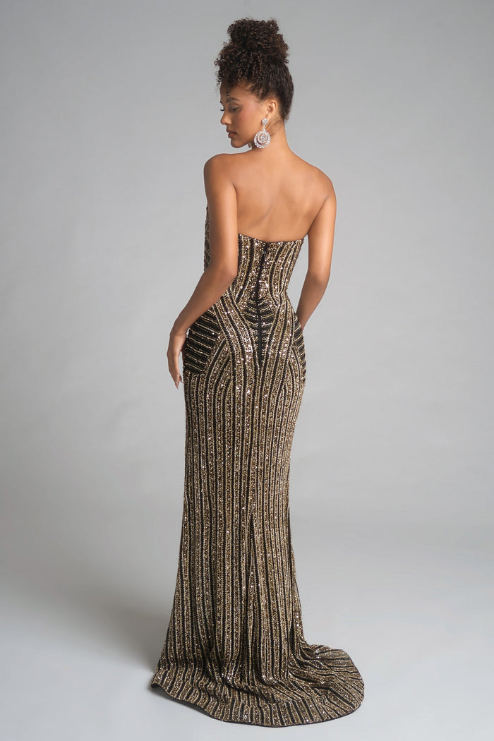 Black and gold strapless gown