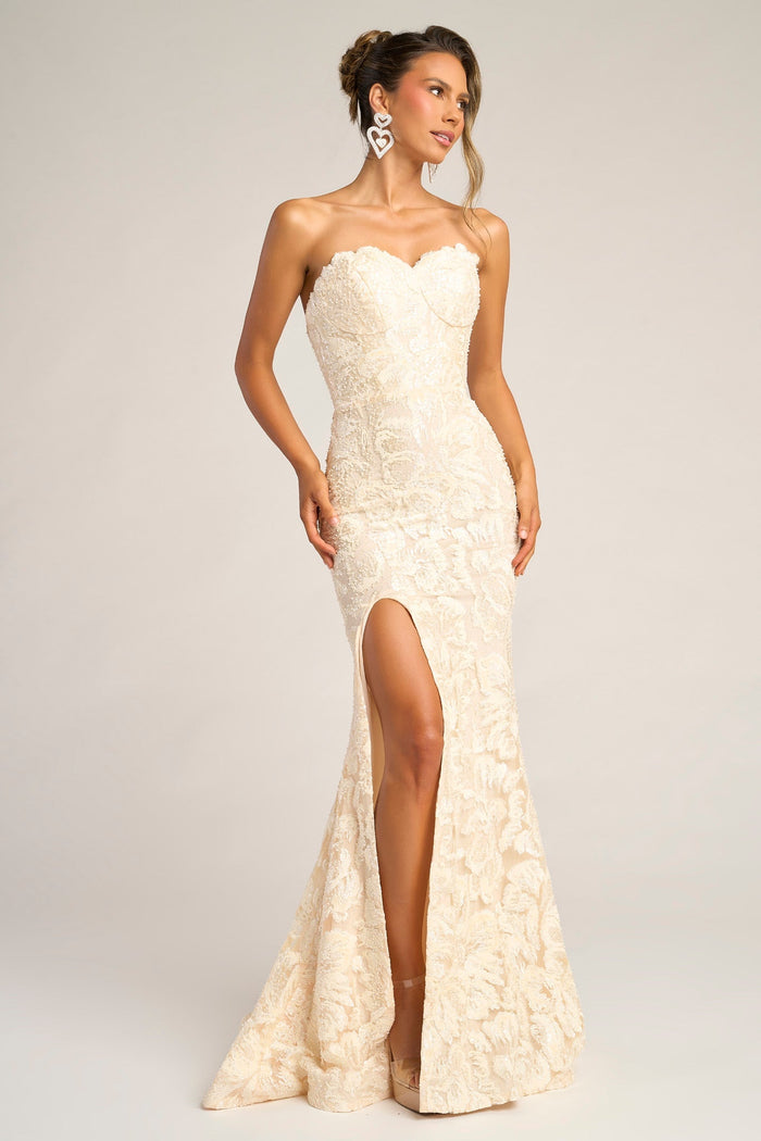 Cream Lace Strapless Gown with Slit