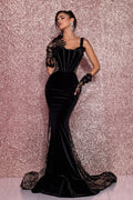 PS25639E Black Velvet Evening Gown with Lace Detail