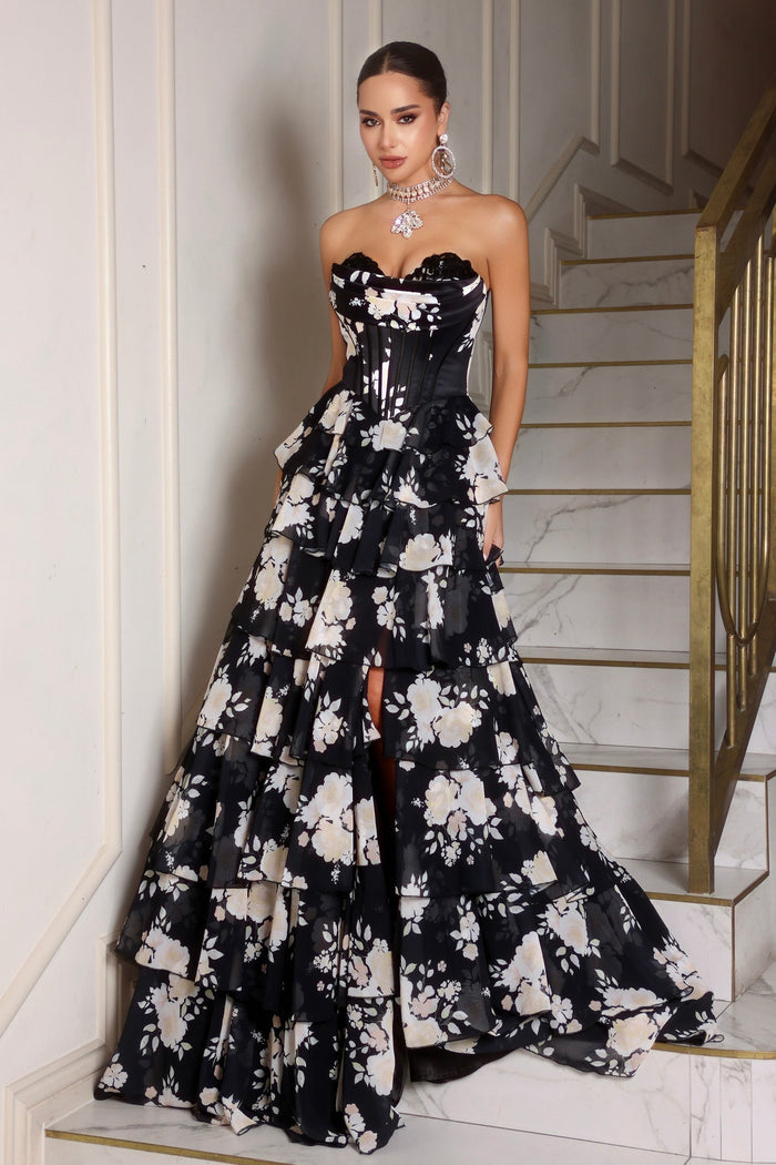 PS25960 Black Floral Gown