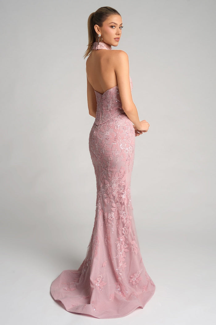 Pink lace halter gown