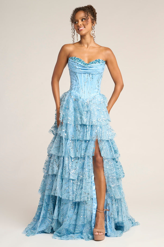 Blue tiered formal gown PS26099