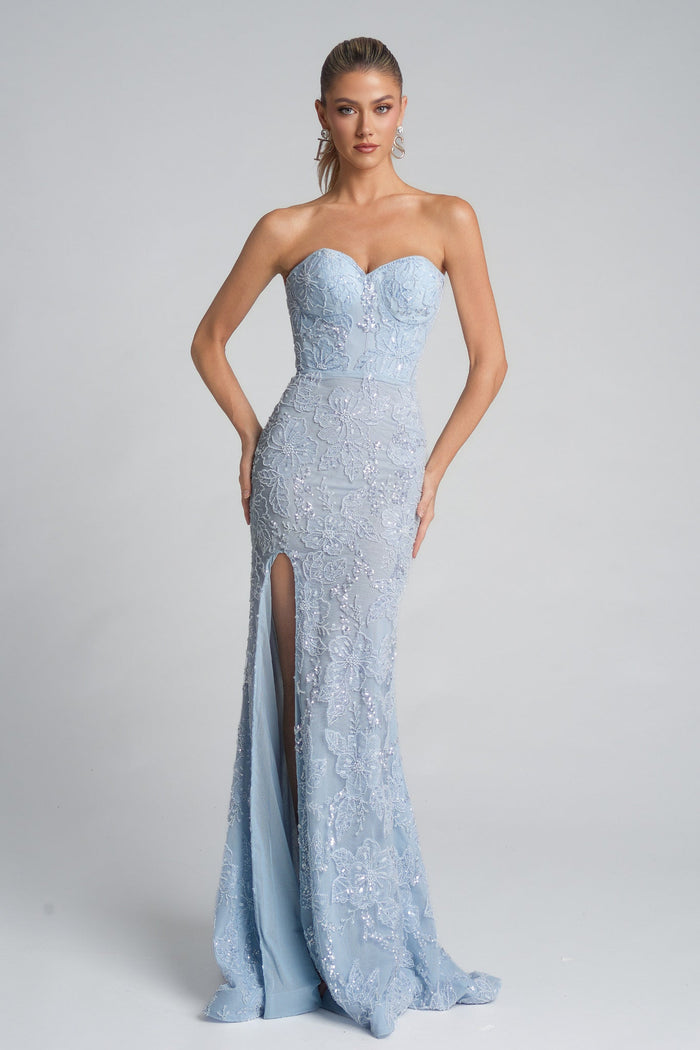 Strapless blue formal gown with slit