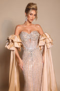 Champagne embellished gown with draped sleeves