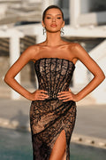 PS26223 Black Lace Strapless Gown