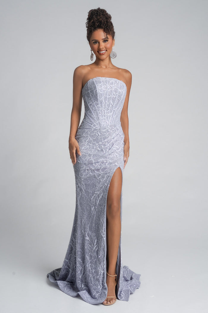 Silver strapless gown with thigh slit (PS26223)