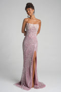 PS26277 Pink beaded strapless gown with high slit