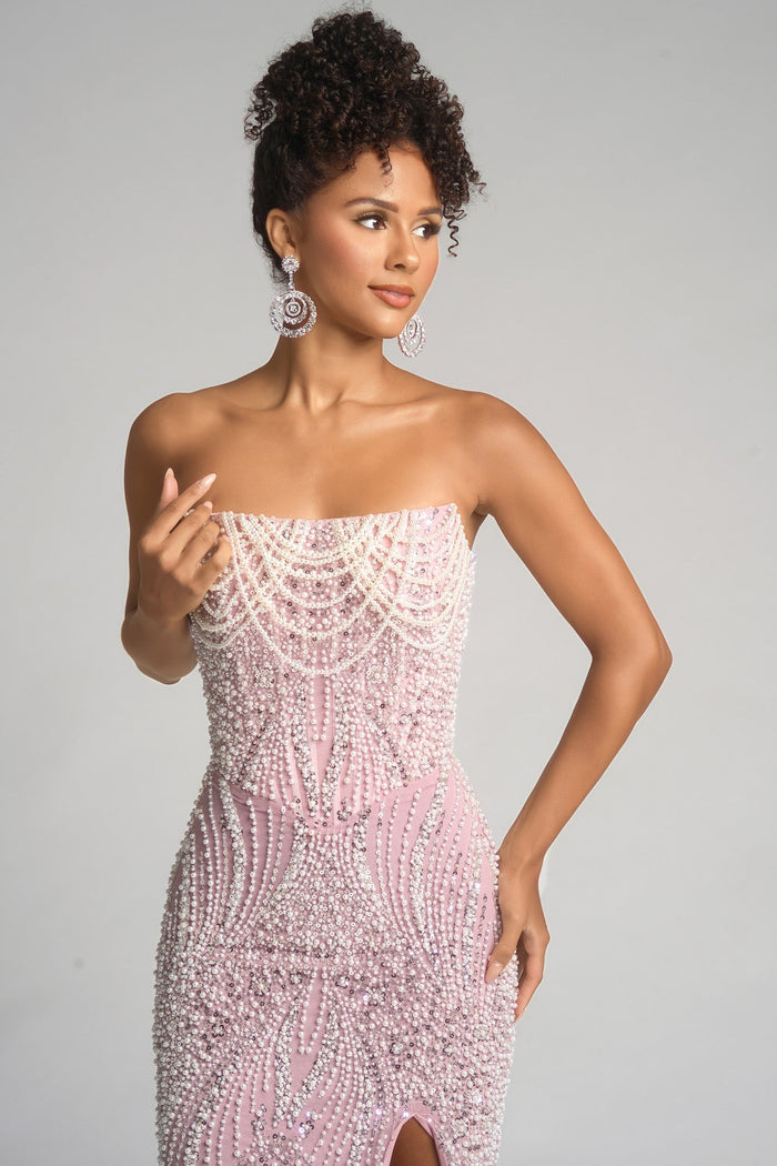 Pink beaded strapless gown PS26277
