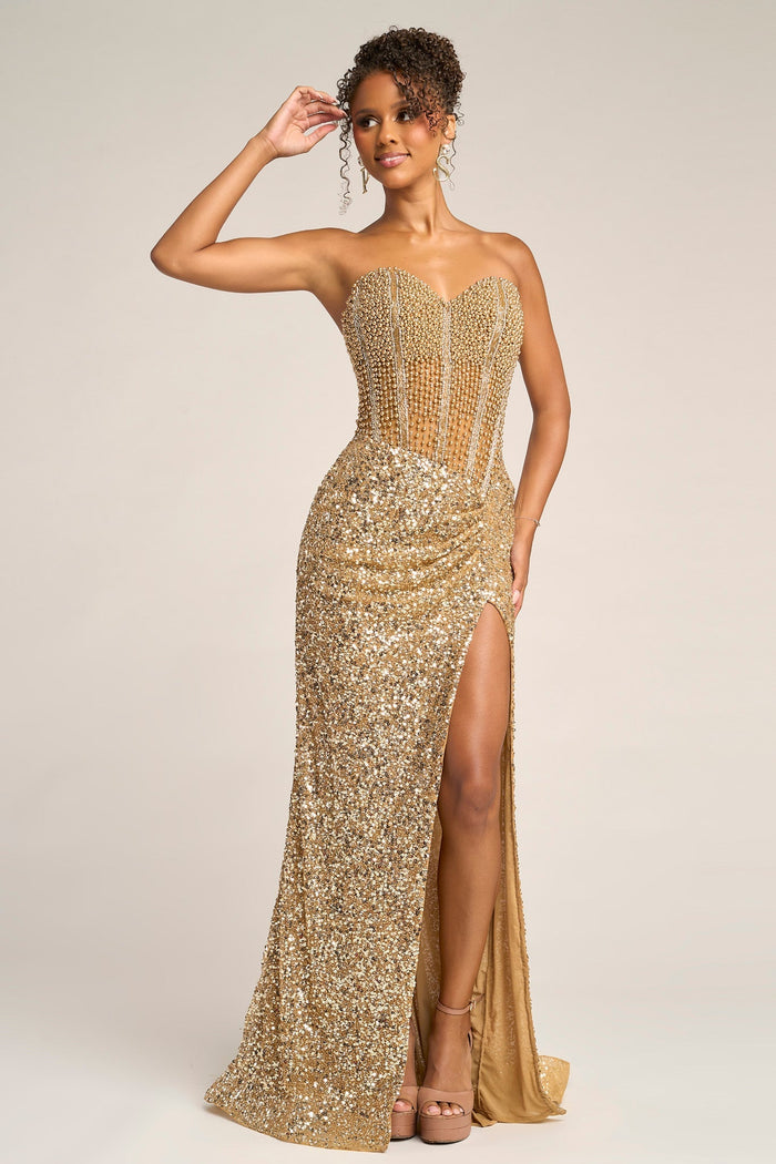Gold Sequin Evening Gown PS26432C with high slit