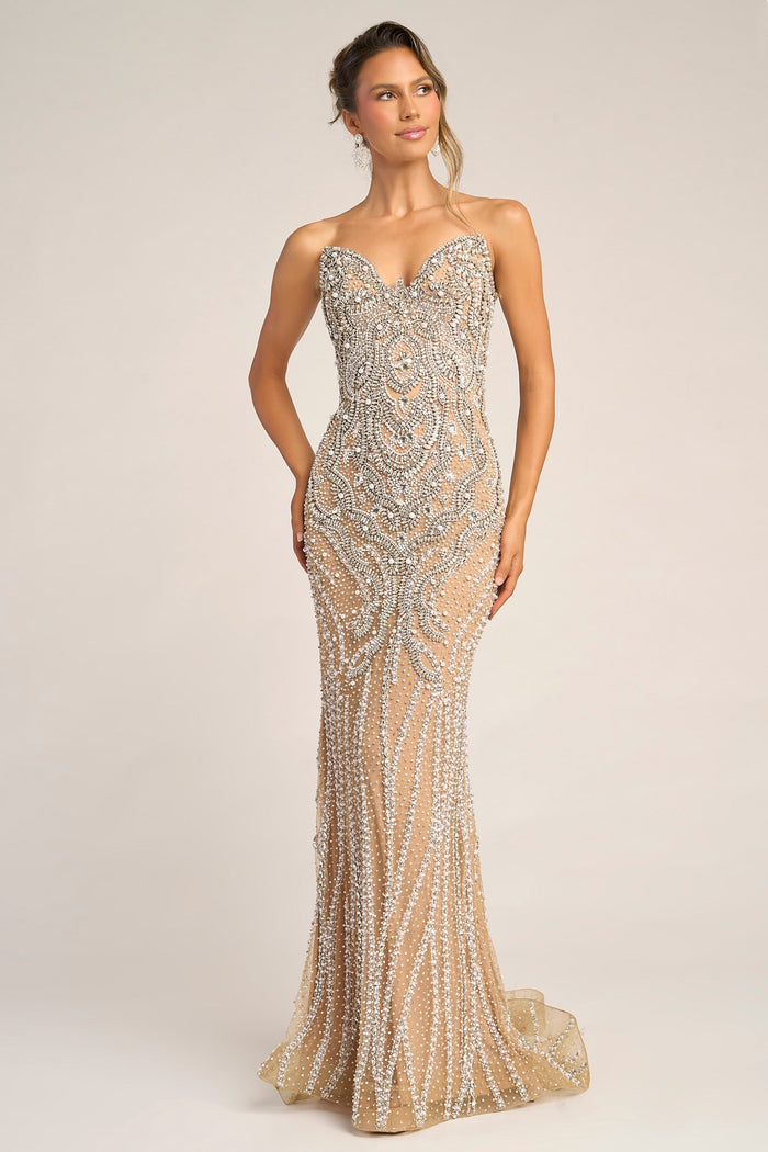Nude Gold beaded formal gown PS26446C