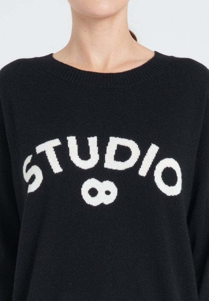 ZAYA 4 Pull col rond " STUDIO 8" en cachemire noir