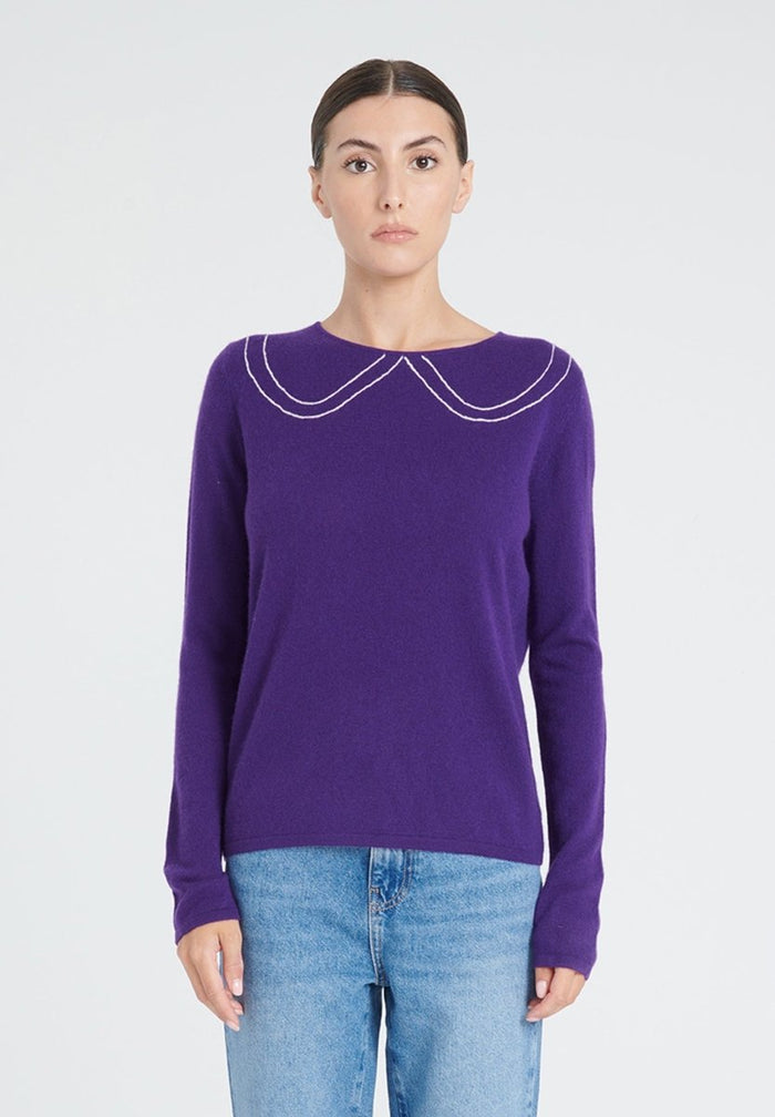 ZAYA 11 Pull col claudine intarsia en cachemire violet foncé