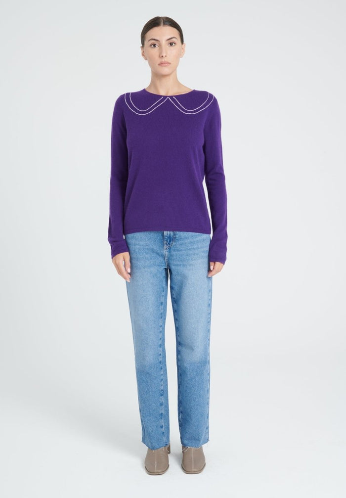 ZAYA 11 Pull col claudine intarsia en cachemire violet foncé