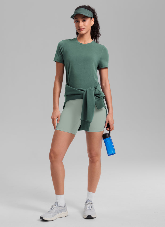 CRZ YOGA Women's Quick Dry Workout Crewneck Hip Length Short Sleeve Graphite Green