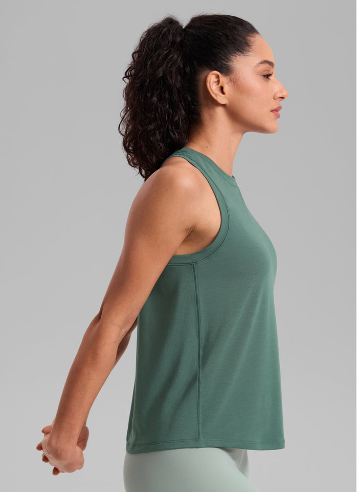CRZ YOGA Women's Quick Dry Workout Crew Neck Racerback Hip Length Tank Graphite Green