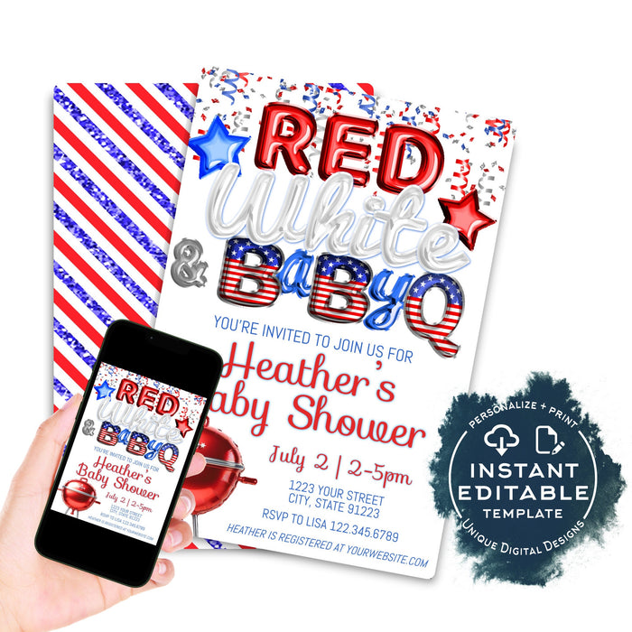 Red White and BabyQ Invitation, Editable 4th of July BBQ Baby Shower, red white and due bbq Party, Foil Balloons, Custom Printable INSTANT