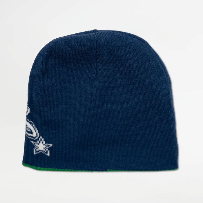 Navy blue beanie with a logo on a light gray background