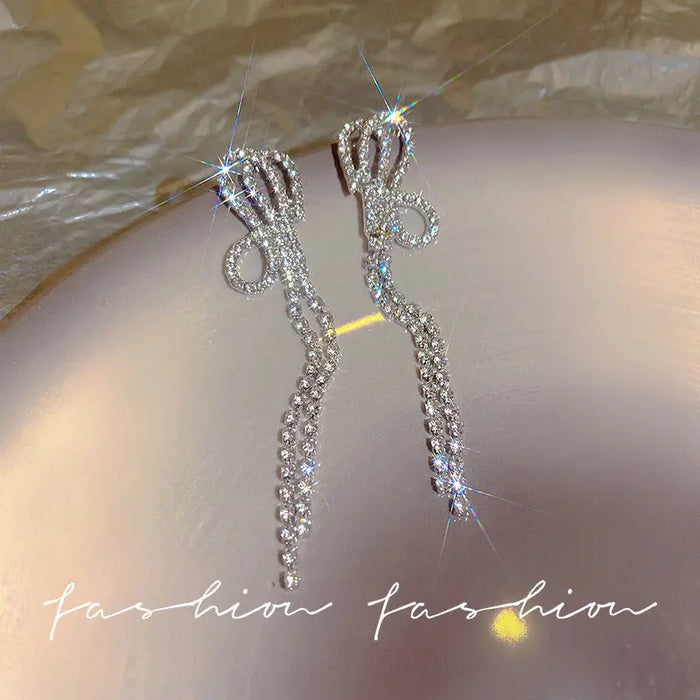 Rhinestone BowKnot Long Tassel Earrings fashionnsio
