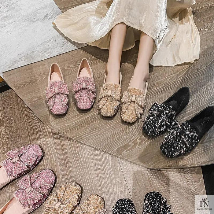 Rhinestone Embroidered Pearl Bow Flats - Fashionnsio