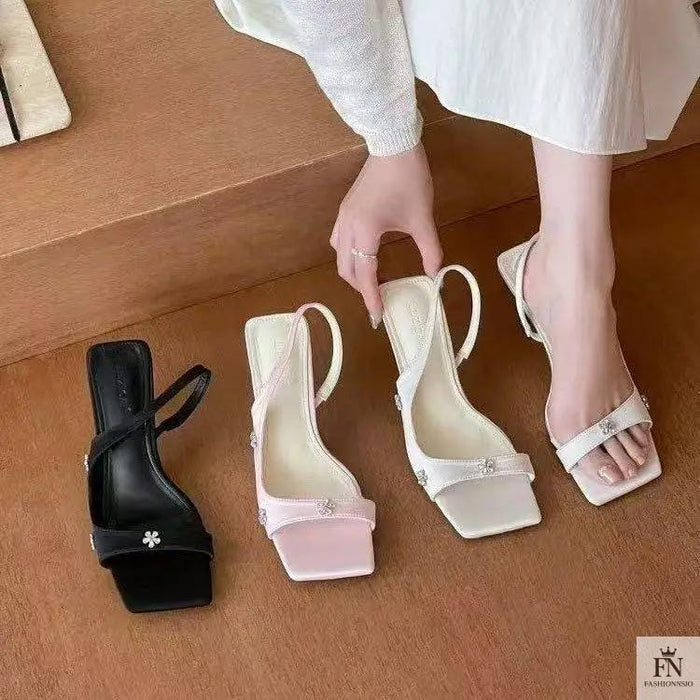 Rhinestone Flower Square Toe Heels - Fashionnsio