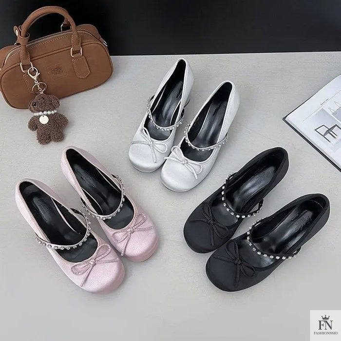 Rhinestone Strap Bow Block Heels - Fashionnsio