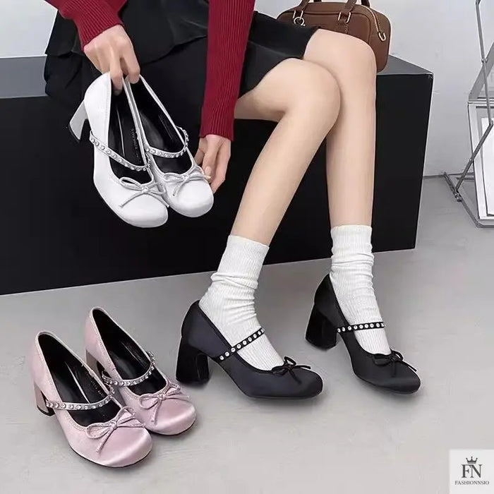 Rhinestone Strap Bow Block Heels - Fashionnsio