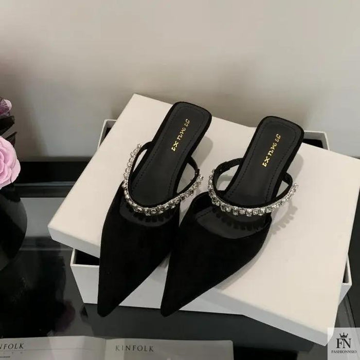 Rhinestone Strap Pointed Heels - Fashionnsio