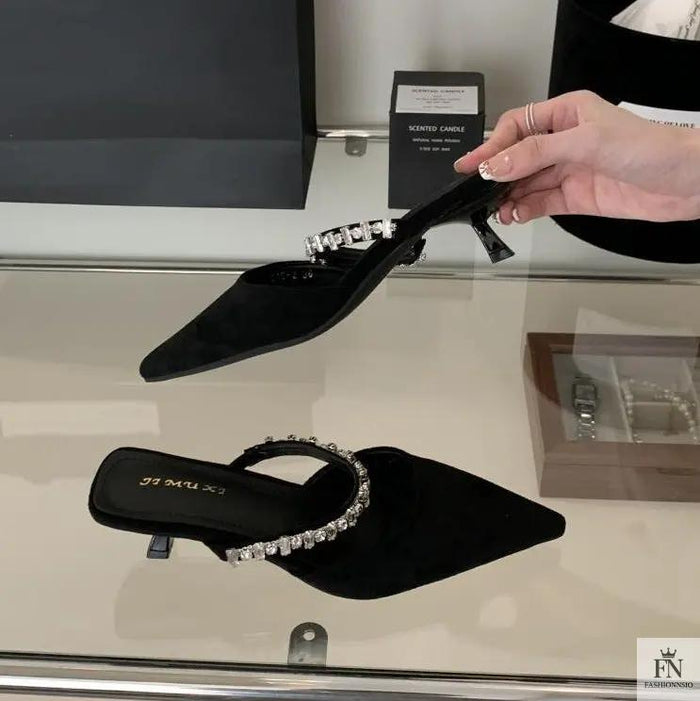 Rhinestone Strap Pointed Heels - Fashionnsio