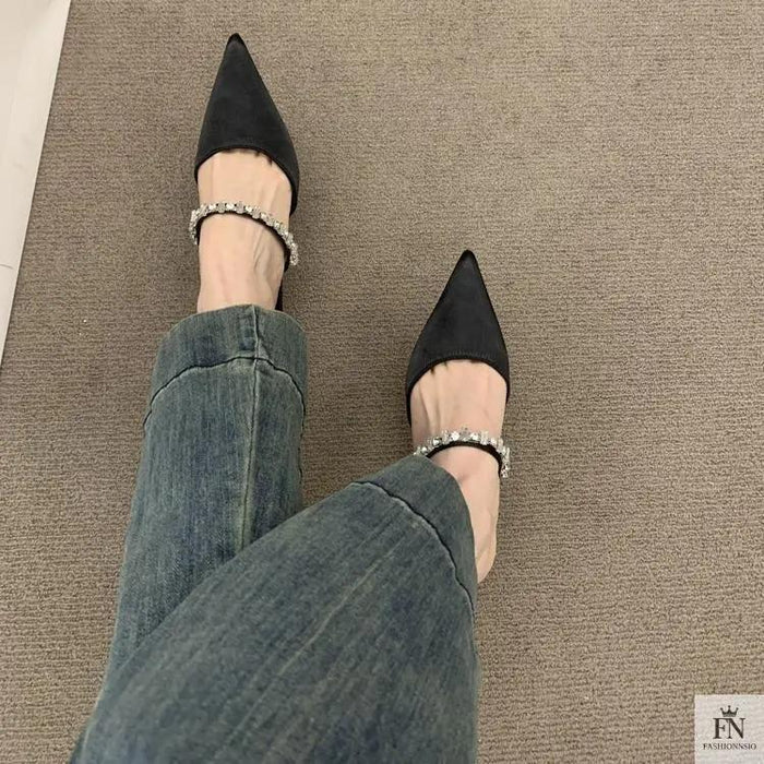 Rhinestone Strap Pointed Heels - Fashionnsio
