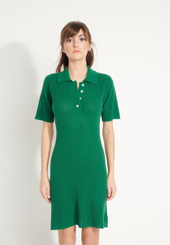 AVA 17 Robe col polo en cachemire déjaugé vert émeraude