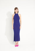 AVA 19 Longue robe dos nu en cachemire à maille côtelée bleu nuit