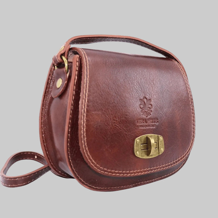Eclectic Rosa dark tan Italian leather crossbody bag with brushed brass twist-lock hardware and adjustable strap.